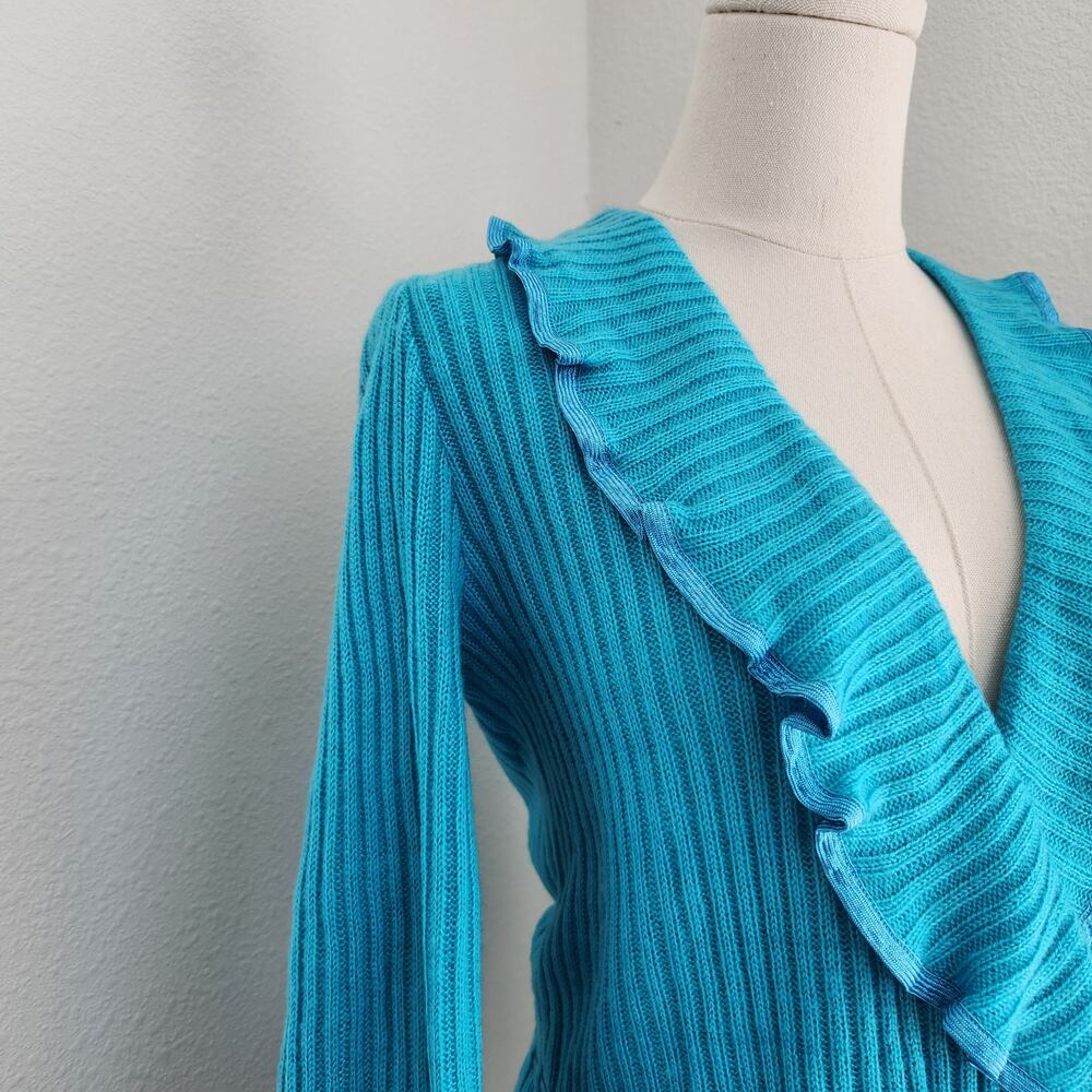 Vintage 70s Blue Teal Knit Ruffle Wrap Cardigan Tie Waist Top S Kentelle - Picture 2 of 16